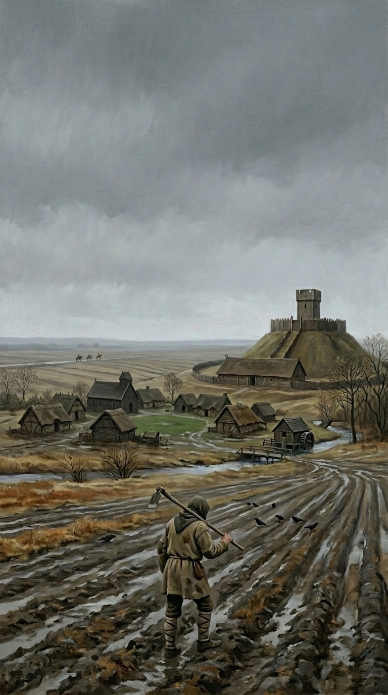 Title key-art: a hooded peasant with a hoe looks out over a grim Norman vill